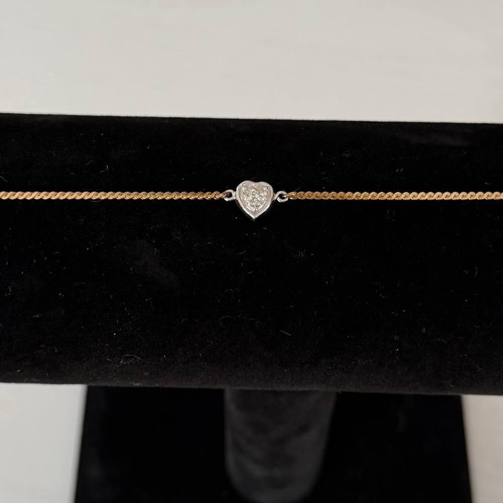 Vintage 14KT Gold Silver and Diamond Heart Bracelet, 6 1/2" - Picture 2 of 16